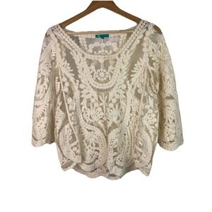 My Emblem Women's L Sheer Mesh Ivory Embroidered 3/4 Sleeve Boho Top